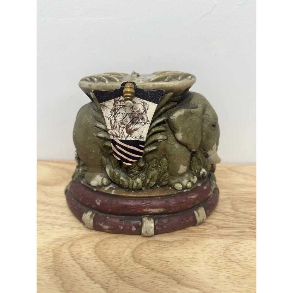 Vtg LAVA ENTERPRISES Tropical Safari Elephant‎ Carved Candle Beaded Wick #26